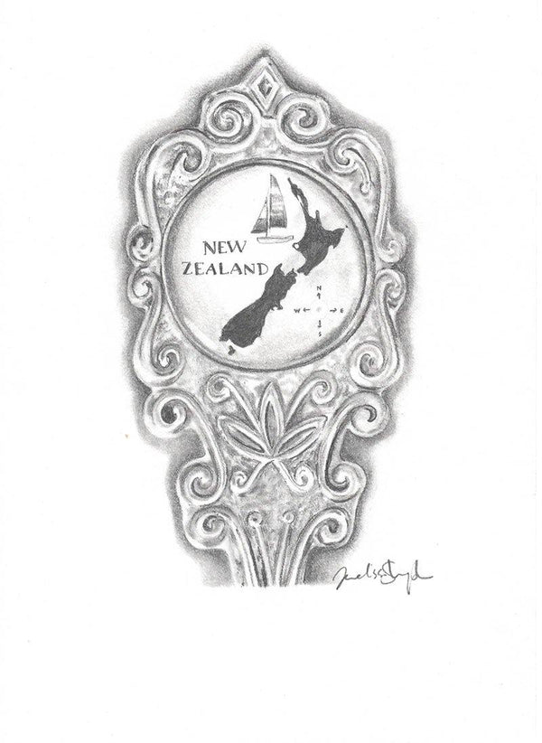 Vintage New Zealand Teaspoon - Original Drawing Framed - Melissa Sharplin